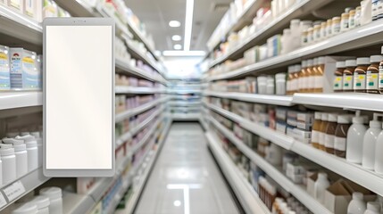 White Tablet Mockup on Pharmacy Shelves