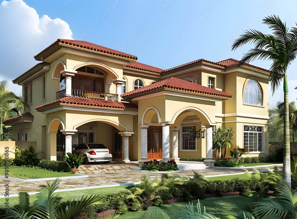 Wall mural luxury two story house with red tile roof