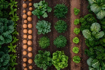 Aerial View of Organic Vegetable Garden with Diverse Crops and Neatly Arranged Plants