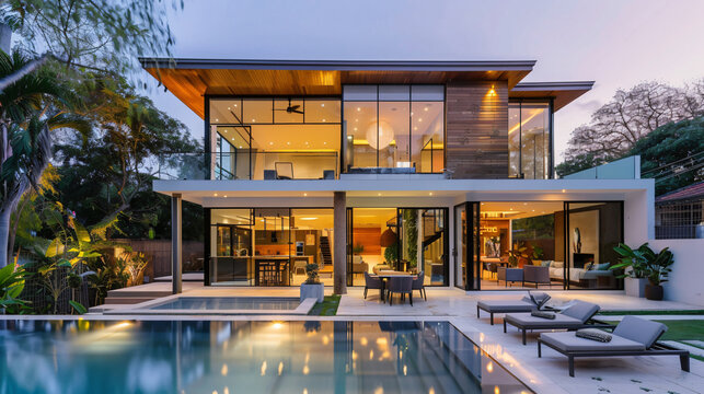 A contemporary home exterior with large glass windows and a pool, surrounded by lush greenery, highlighting modern architecture and luxury.