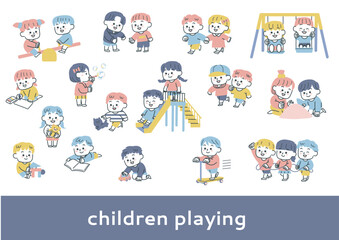 元気に遊ぶ子供たちのイラストセット