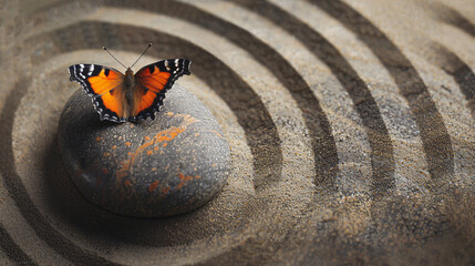 A peaceful image of a butterfly perched on a stone in a zen garden, surrounded by rippling sand patterns, symbolizing tranquility.