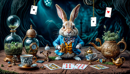 White crazy rabbit with a pocket watch from the fairy tale Alice in Wonderland