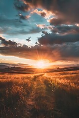 Golden Sunset Over Field Path and Hills