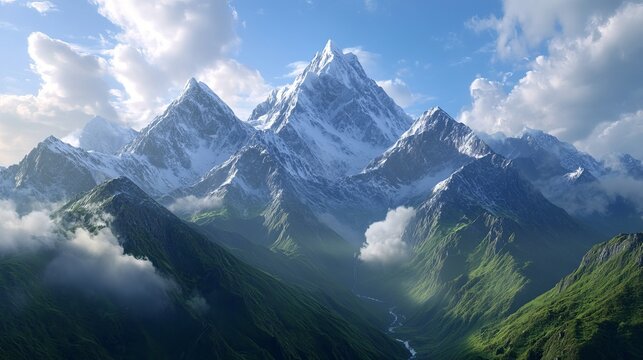 Beautiful alpine scenery in the Himalayas, featuring snow-capped mountains and a moraine glacier valley.