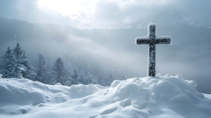 Solitary Snow Covered Cross in Winter Landscape Symbol of Purity and Resilience