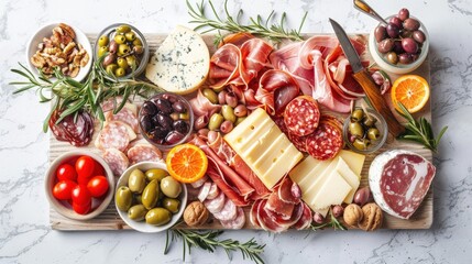 Fototapeta premium A beautifully arranged charcuterie board displays a variety of cheeses, meats, olives, and fruits, perfect for entertaining guests at any occasion