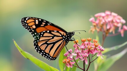 Naklejka premium Close-up of a monarch butterfly feeding on milkweed, showcasing the symbiotic relationship, monarch butterfly milkweed, ecology, wildlife interaction