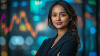 Fototapeta premium Stock market concept with proud trader woman on digital screen background with glowing yellow and blue financial chart graphs and diagrams