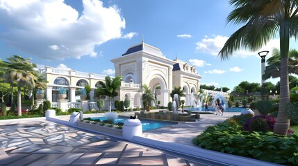 Obraz premium Luxury Resort Entrance with Fountain and Palm Trees