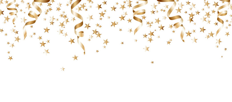 Confetti background, gold serpentine and star border