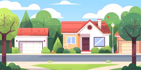 Fototapeta premium Green Trees House Yard Illustration