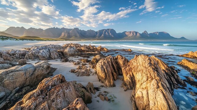 The jagged rocks and coastline of the Atlantic Ocean at Grotto Beach, a wide beach near Hermanus.