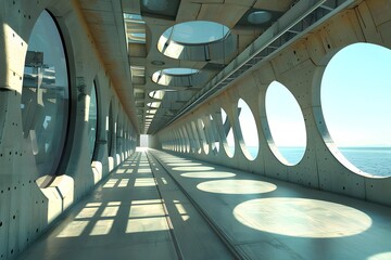 Obraz premium Futuristic Concrete Corridor With Round Windows