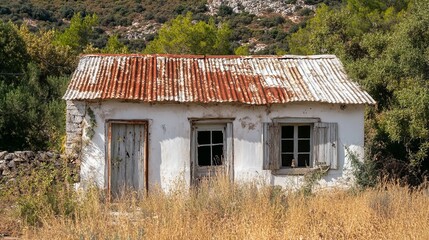 Fototapeta premium A whitewashed, tin-roofed abandoned cottage in a Greek village.