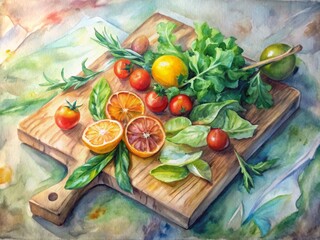 Fresh organic greens, cherry tomatoes, and citrus slices artfully arranged on a rustic wooden cutting board, awaiting final garnishes in a light and airy kitchen setting.