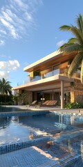 Obraz premium Modern Villa with Swimming Pool and Palm Trees