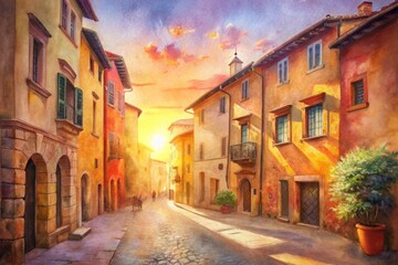 Fototapeta premium Vibrant colors and charming architecture frame a picturesque Italian town street, lined with historic buildings, warm sunlight casting a warm glow on the peaceful scene.