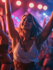 A woman wearing a white top dances at a party, surrounded by happy people