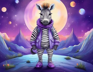 Cartoon zebra on the moon in the night