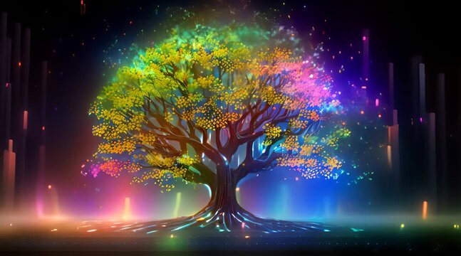 digital tree glowing in neon colors