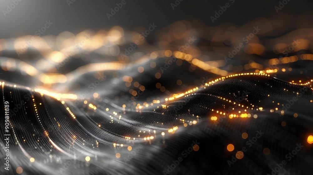 Poster a mesmerizing wave of shimmering lights in gold and silver, creating an enchanting abstract landscap