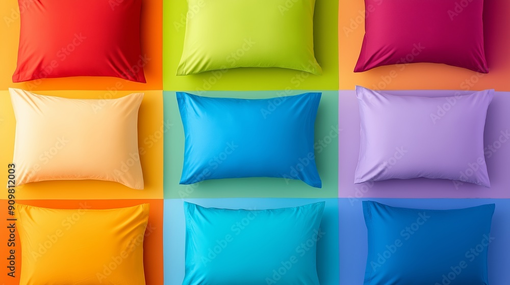 Poster a colorful array of pillows arranged in a grid. the pillows are of various colors, including red, ye