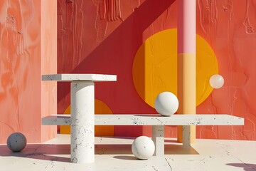 Abstract Minimalist 3D Rendering with White Marble and Geometric Shapes
