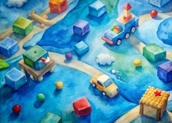 Colorful wooden blocks and tiny toy vehicles scattered on a bright blue carpet, surrounded by fun learning materials, celebrating imaginative play and creativity on a special day.