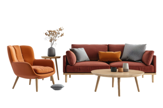 A living room with a red couch, an orange chair, and a wooden coffee table