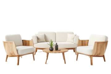 A white sofa and two chairs are arranged in a circle around a coffee table