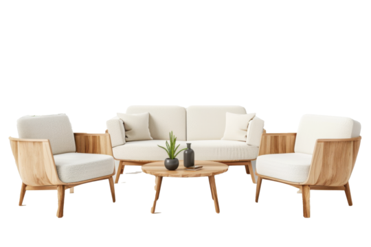 A white sofa and two chairs are arranged in a circle around a coffee table