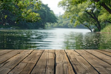Wood table top podium floor in a peaceful riverbank background.