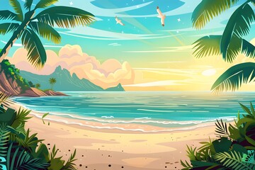 Obraz premium Tropical Beach Landscape With Palm Trees And Sunset