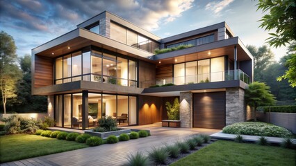 Obraz premium Sleek, contemporary residence with expansive windows, clean lines, and sophisticated neutral tones, surrounded by lush greenery, exuding luxury and sophistication in modern living.