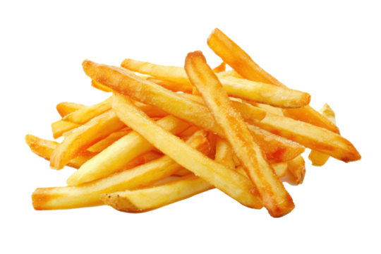 A pile of french fries on a white background