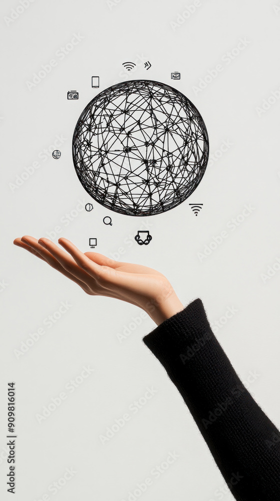Aufkleber a hand is holding a globe with many icons on it. the globe is surrounded by a white background. conc