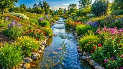 Obraz premium A serene landscape of lush greenery and blooming flowers surrounds a meandering stream, symbolizing a sustainable future achieved through water conservation efforts.