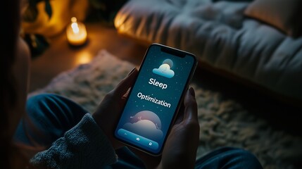 A smartphone screen displaying 'Sleep Optimization' in a cozy room, suggesting a focus on improving sleep quality using technology.