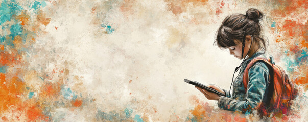 A girl is reading a book on a tablet. The background is a colorful painting with a girl in the middle