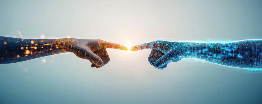 Two hands pointing at each other, one of which is blue. Concept of connection and unity between the two hands