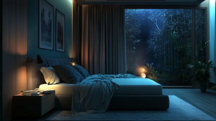 A serene bedroom with a large window showing a calming sunset, cozy bed, soft lighting, and minimalist decor, ideal for optimizing sleep and creating a peaceful nighttime environment.