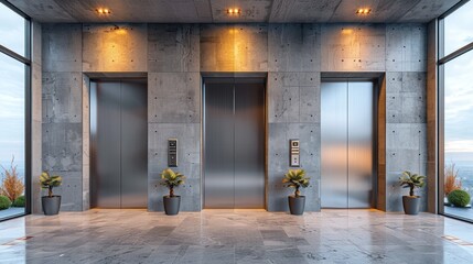 Modern Elevator Lobby with Concrete Wall