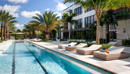 Fototapeta premium Resort with Modern Architecture, Luxurious Pool, and Upscale Amenities for Ultimate Relaxation