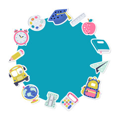 Naklejka premium Back to school frame with stationery. Vector cartoon illustration