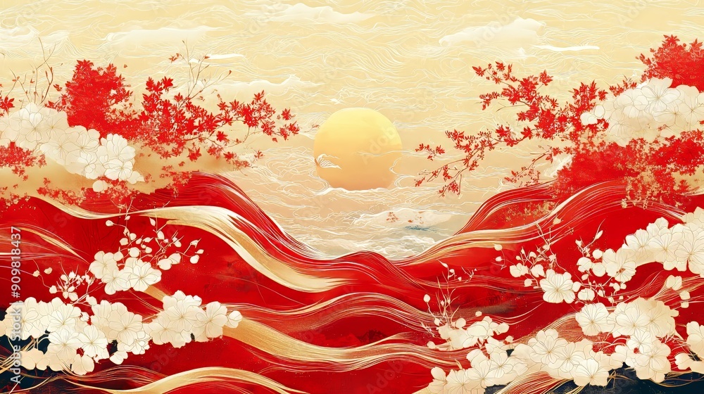 Poster A stunning sunset casts warm light over a red landscape adorned with delicate flowers and flowing waves