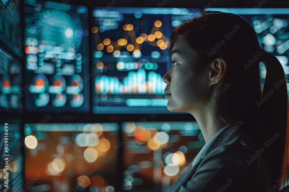 Aufkleber focused professional analyzing data on multiple screens
