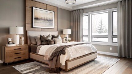 Fototapeta premium Elegant and sophisticated bedroom design featuring modern furnishings and a serene atmosphere. With copy space for text