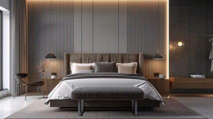 High-quality image of a modern bedroom featuring a sleek design with minimalist decor and luxurious bedding. With copy space for text