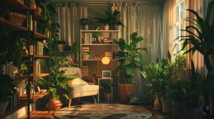 Fototapeta premium Green Oasis SolarPowered Reading Nook with EcoFriendly Decor and Lush Indoor Plants